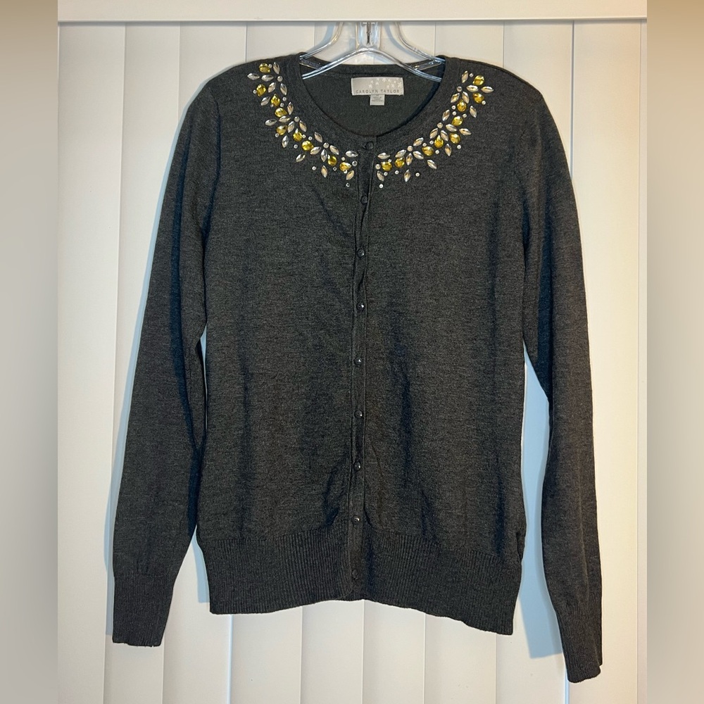 Carolyn Taylor Gray Cardigan with Embellished Neckline